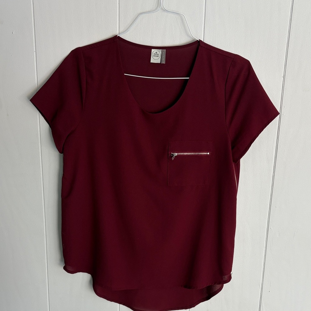 🪷Paper Crane Burgundy Top with Zipper Sides and Pocket Details